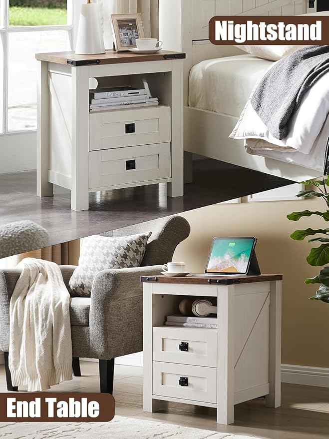 T4TREAM Farmhouse Nightstand Set of 2 with Charging Station, Rustic End Table with 2 Drawers, Storage Open Shelf for Bedroom, Living Room, Wood Side Table, Antique White
