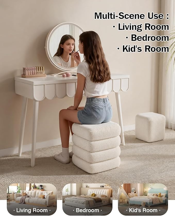 Square Set of 2 Sherpa Nesting Storage Ottoman Stool Boucle Vanity Stool Footstool with Removeable lid Load up to 440 lbs for Livingroom Bedroom White UASND69W
