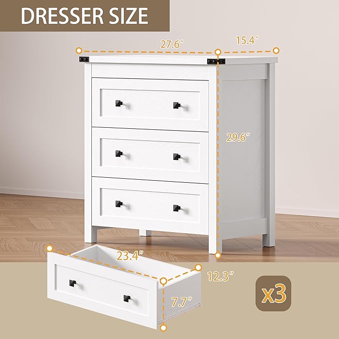3-Drawer Dresser, Small Wooden Chest of Drawers with Metal Knobs, Water-Resistant Top, Storage Organizer with Anti-Tip Kit for Bedroom, Nursery, Living Room