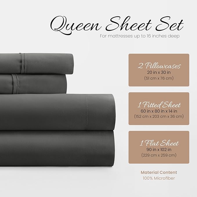 Linen Market Brushed Microfiber Queen Sheet Set 4 Piece – Oeko-TEX Certified Ultra Soft & Wrinkle-Free - 16" Deep Pocket Sheets - Easy Care Queen Size - Gray