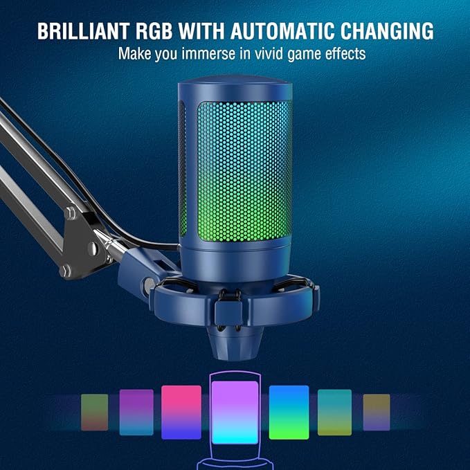 FIFINE USB Gaming Streaming Recording PC Microphone Kit, RGB Condenser Computer Mic Bundle for Podcasts, Audio, Vocal, Video on Mac/Desktop/Laptop, with Boom Arm Stand-A6T Blue