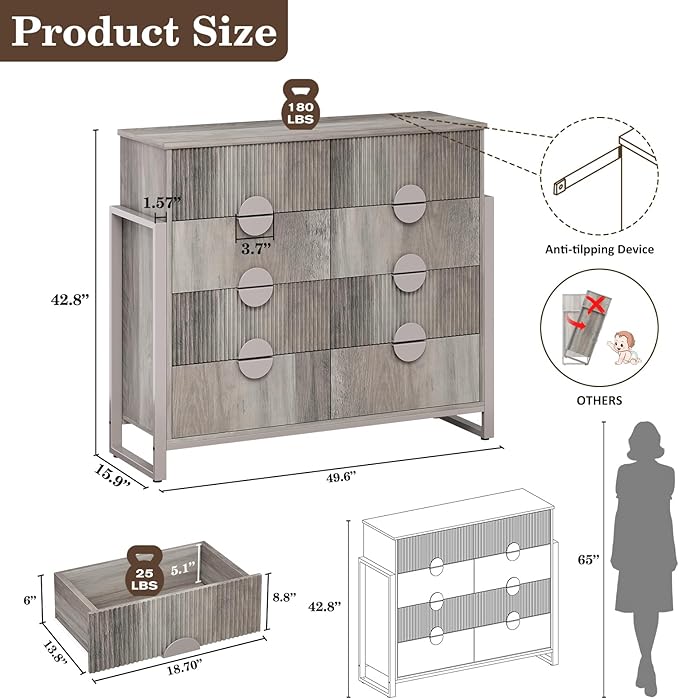 LGHM Fluted Dresser for Bedroom with 8 Drawers, Modern 8 Drawers Dressers with Semi-Cylindrical, Chest of Drawers Closet Organizers and Storage Clothes, 43" Tall Dresser with Bold Steel Frame, Gray