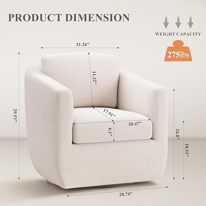 360° Comfy Swivel Accent Armchair with Pillow - Fully Assembled Living Room Single Sofa No-Sag Foam & Sturdy Metal Base, Swivel Accent Chair for Bedroom Living Room, Office, Beige