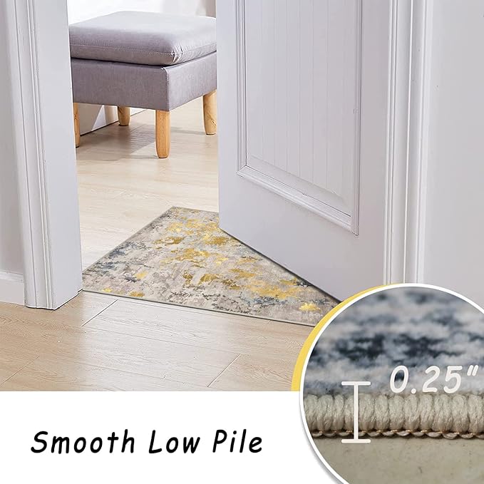 vivorug Runner Rug 2x10 Machine Washable Rug with Non-Slip Backing, Ideal for Kitchen Hallway Entryway Laundry Room - Modern Abstract, Durable, Easy Clean, Low Pile Carpet Runner, Grey/Mustard
