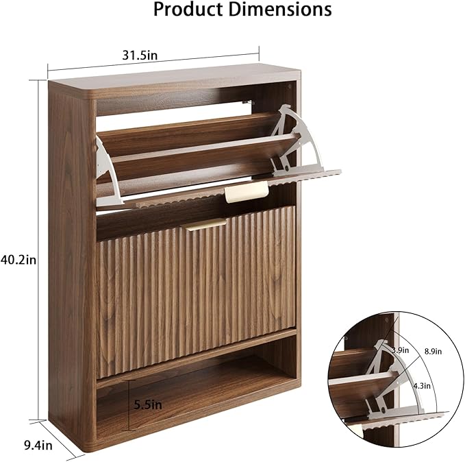 Fluted Shoe Cabinet Storage with 2 Flip Drawers, Narrow Shoe Storage Organizer for Entryway, Hidden Slim Wooden Shoe Rack Cabinet for Front Door Entrance, Hallway, Living Room (2-Drawer, Walnut)