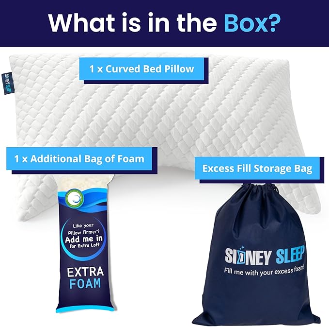 Sidney Sleep Adjustable Curved Contour Fill Pillow – Queen Size – for Side and Back Sleepers – Neck & Shoulder Comfort Support – Extra Fill Included (White)