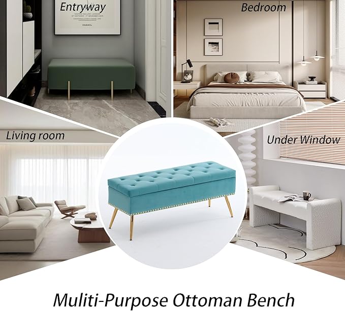 Velvet Storage Bench with Gold Legs& Nailhead Trim, 46" Wide Upholstered Modern Bedroom Bench for End of Bed, Tufted Ottoman for Entryway Living Room Dining Room (Sage Green, 46" Wide)
