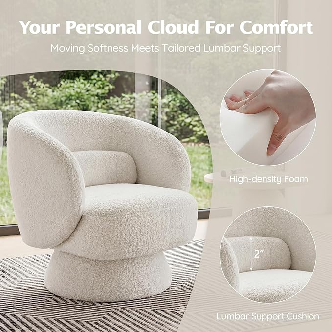 Swivel Accent Chair, Modern 360 Degree Swivel Barrel Chair with Arms & Curved Back and Lumbar Support Cushion, Comfy Round Single Boucle Sofa for Small Space, Living Room, Bedroom, White