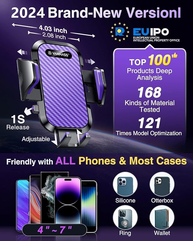 VANMASS [Longest Lasting] True Military-Grade Car Phone Holder Strongest Suction & Clip Cell Mount Dashboard Windshield Vent Automobile Cradle Truck Accessories for iPhone 16 15 Pro Max 14 13 Android