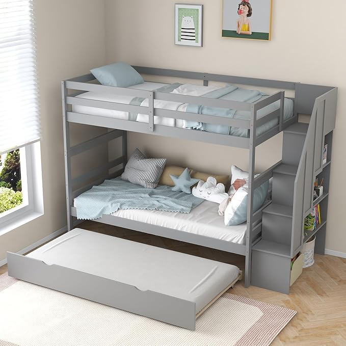 KOTEK Twin Over Twin Bunk Bed with Trundle and Stairs, Solid Wood Bunk Bed Frame with Storage Shelf, Bunk Beds Detachable into 2 Platform Beds for Kids Teens Adults (Grey)
