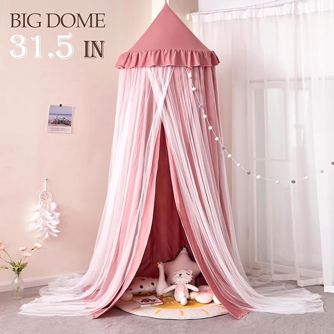 Kertnic 31.5inch Large Dome Bed Canopy for Girls, Double Layer Dreamy Ruffle Princess Canopy, Bedroom Hanging Tent Kids Reading Nook Canopies,Full Queen Bed Canopy Curtain (Dark Rusty-Pink)