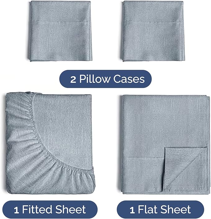 Twin 4 Piece Sheet Set - Cooling & Breathable - Hotel Luxury Bedding, Includes Fitted Sheet for Women, Men, Kids and Teens - 1 Flat, 1 Fitted Sheet, 2 Pillowcases with Deep Pockets - Heathered Blue