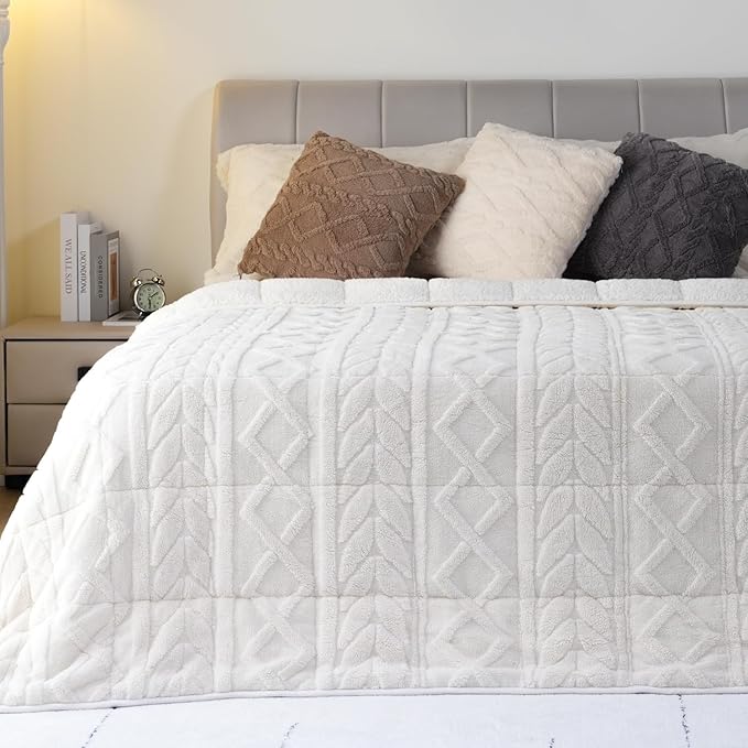 Cottonblue Jacquard Sherpa Weighted Blanket 20lbs for Adults, Soft Warm and Thickened Calm Blanket for Ultimate Comfort and Better Sleep, Heavy Weighted Blankets 60x80 Inches, Cream White