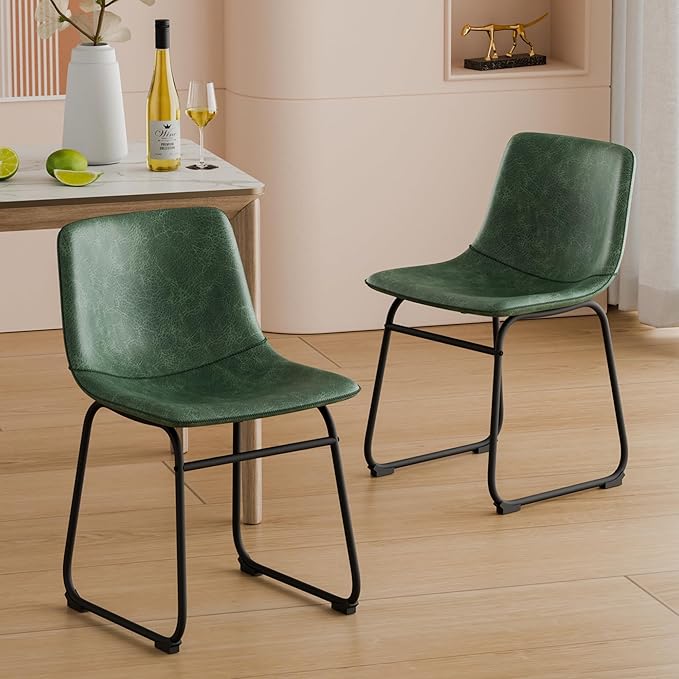 Dining Chairs Set of 4, 18 Inch Modern Armless Dining Chair with Back, Faux Leather Kitchen Dining Room Chair with Metal Legs for Home, Bistro Coffee Shops (Green)