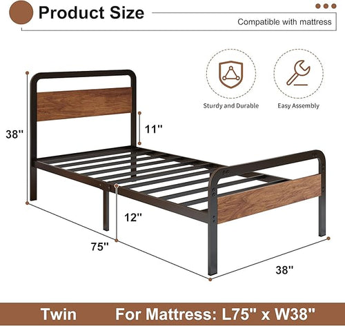 12 Inch Twin Bed Frames with Wooden Headboard and Footboard, No Box Spring Needed, Heavy Duty Metal Mattress Foundation, Noise Free, Easy Assembly, Black
