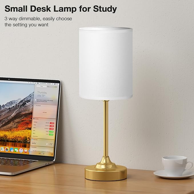 Fenmzee Gold Nightstand Bedroom Lamp - 3 Way Dimmable Bedside Lamp, Small Table Lamp Linen Lampshade for Office Desk, LED Bulb Included