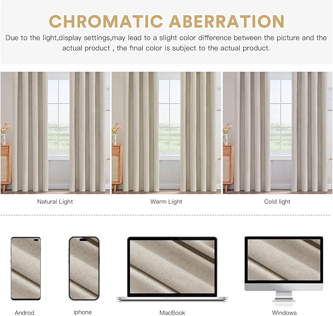 PrinceDeco Nature Linen Curtains 100% Back Out Curtains for Living Room/Bedroom 84 Inch Length Burlap Fabric Thermal Insulated & Light Blocking Nickel Grommet Window Drapes Set of 2,Heathered Linen