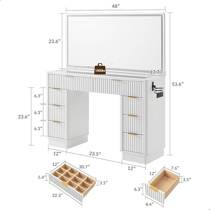 T4TREAM 48" Fluted Makeup Vanity Desk with Large Led Lighted Mirror, Modern Vanity Table with 8 Drawers & Charging Station, Glass Top Dressing Table for Bedroom, White