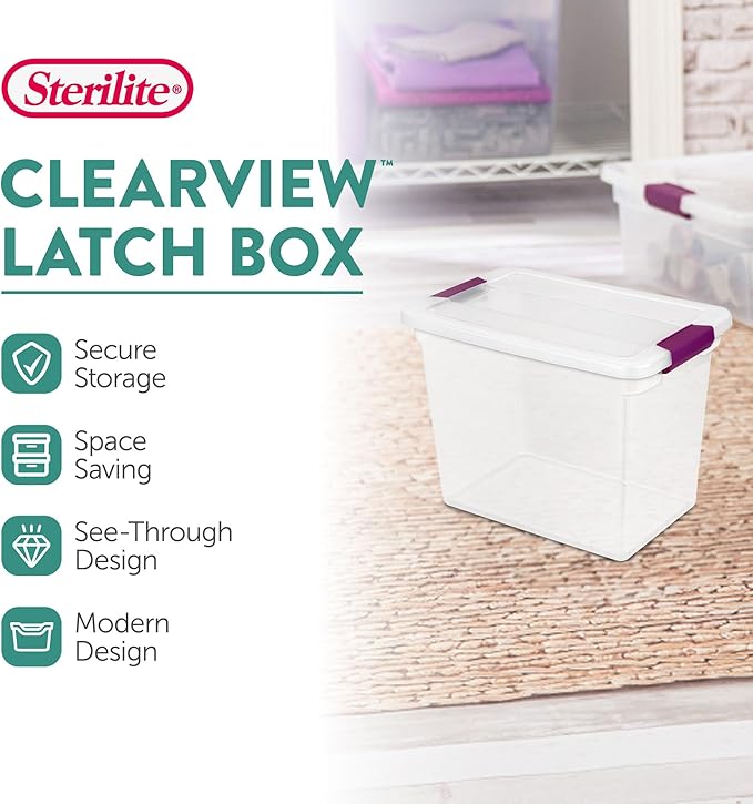 Sterilite 6-Pack 27 Quart ClearView Latch Box, Stackable Organizer Bins with Latching Lids - Clear Plastic Organization Containers for Closet, Bedroom, Shelving Units and Everyday Home Storage