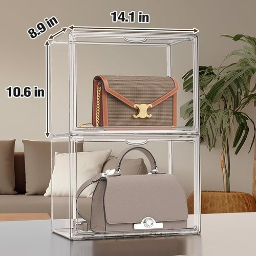 1 Pack Size 14 Acrylic Boot Shoe Box, X-Large Handbag Organizer Clear Storage Bins with Magnetic Lid Acrylic Display Case for Shoes, Book, Cosmetic, Figures, Collectibles, Purse