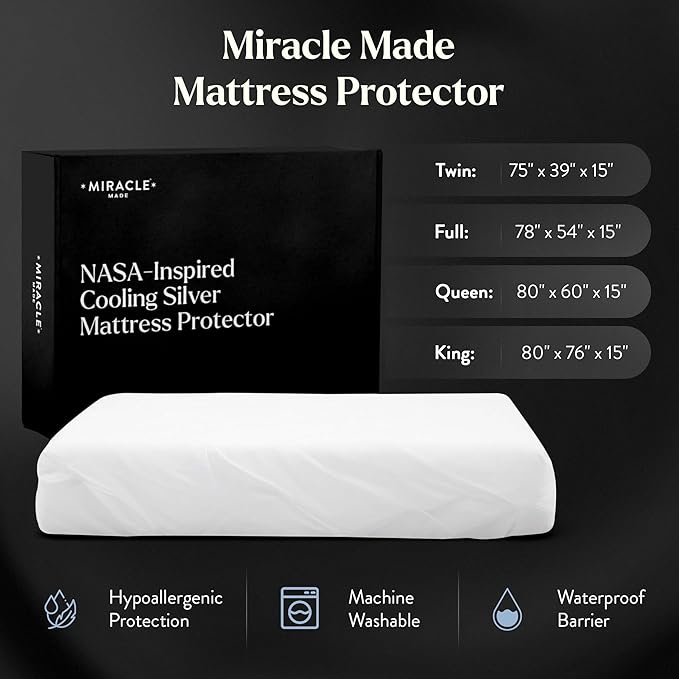 Miracle Made Mattress Protector – Silver-Infused Cotton Fabric – Water-Resistant, Thermoregulating Cover for Sensitive Skin – Compatible with 3-Temperature Zone Comforter, King, White