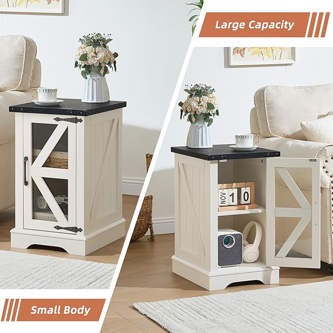 Farmhouse End Table Set 3, Narrow 18'' Night Stand with Glass Barn Door, 24" Square Side Table with Charger Station, Living Room Furniture Sets, Wood Nightstand Bedside Tables for Bedroom