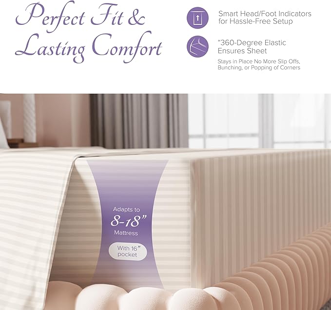 Carressa Linen Luxury Egyptian Cotton Full Stripe Sheet Set - 600 Thread Count Extra Long Staple 4 PC Set, Ivory Full Damask Sheets, Soft, Cooling Sateen Weave Sheets Upto 18 in Deep Pocket