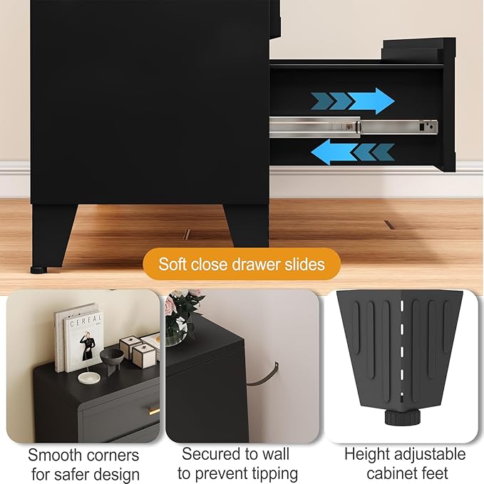 5 Drawer Dresser, Metal Tall Dresser for Bedroom, Black Bedroom Dressers with Drawers, Curved Corner Design Dressers & Chest of Drawers, Storage Cabinet for Hallway, Entryway (Black)
