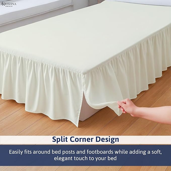 KRISHNA Ruffled Bed Skirt with Split Corners Queen, 100% Microfiber Hotel Quality, 16 Inch Drop Dust Ruffle Gathered Bedskirt with Platform, 60" x 80", Ivory