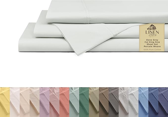 Linen Home 100% Cotton Percale Sheets California King Size, Dove Grey, Deep Pocket, 4 Pieces Set - 1 Flat, 1 Deep Pocket Fitted Sheet and 2 Pillowcases, Crisp Cool and Strong Bed Linen