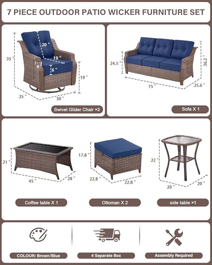 Belord 7 Piece Patio Furniture Set - High Back Swivel Rocker Glider Outdoor Chairs with 3-Seat Sofa and Ottoman, All-Weather Removable 6" Blue Cushion for Patio Conversation and Family Reunion