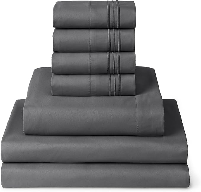 Mellanni Split King Sheet Set - 7-Piece Iconic Collection Bedding, (Including 4 Pillowcases), 16-Inch Deep Pocket, Easy Care, Extra Soft, Cooling Sheets, Brushed Microfiber - Gray