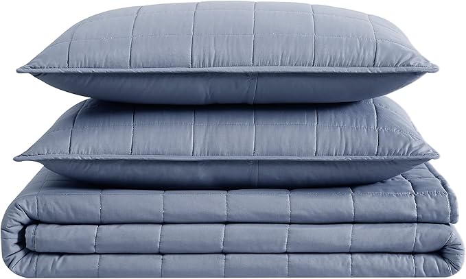 LONDON FOG Garment Washed Solid Quilt Set Blue Microfiber 3-Piece King Quilt Set, Solid Themed, Adult and Teen, Oeko-TEX Certified