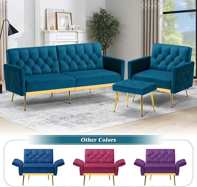 Velvet Accent Chair w/Adjustable Armrests and Backrests, Tufted Single Sofa with Ottoman, Upholstered Reading Chiar for Living Room, Apartment, Bedroom, Teal