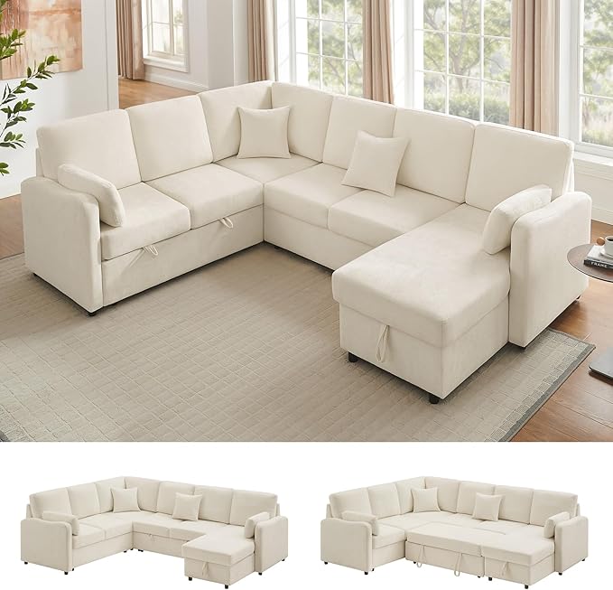 111'' Sectional Sleeper Sofa with Pull Out Bed, U Shaped 6 Seat Modular Couch with Storage Chaise, Modern Sectional Couch, Cloud Chenille Sofa Bed for Living Room Apartment, Beige