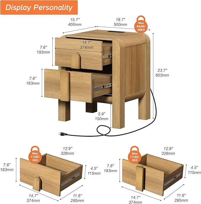 WAMPAT 23.7" Tall Modern Nightstand with Charging Station,Wood Bedside Table w/2 Storage Drawers,Curved Profile Design,Sofa Side Table End Table for Bedroom, Light Walnut