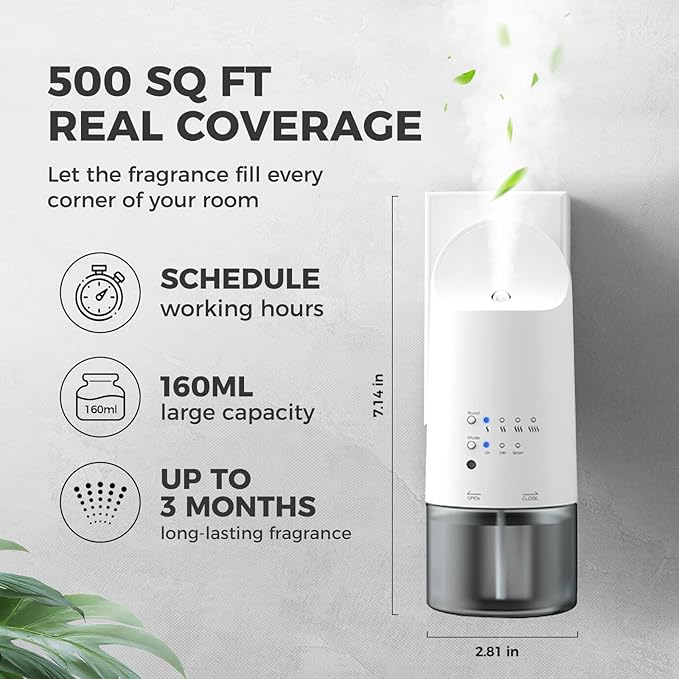 Plug-in Waterless Essential Oil Diffuser - 500 Sq.ft Coverage,Range Nano Mist Technology -160ML, Auto Day/Night Modes,Plug in Diffuser for Large Room, Spa, Office, Kid/Pet Safe - White