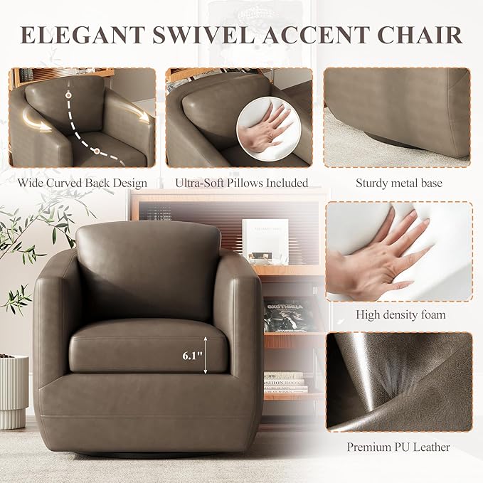360° Comfy Swivel Accent Armchair with Pillow - Fully Assembled Living Room Single Sofa No-Sag Foam & Sturdy Metal Base, Swivel Accent Chair for Bedroom Living Room, Office, Grey