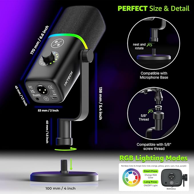 IXTECH Gaming USB Microphone for PC, Noise Cancellation Condenser Mic for Podcasts and Video Streaming with Tripod Stand, Pop Filter, Shock Mount, Gain Control, RGB Lights, Quiet Mute Button (Black)