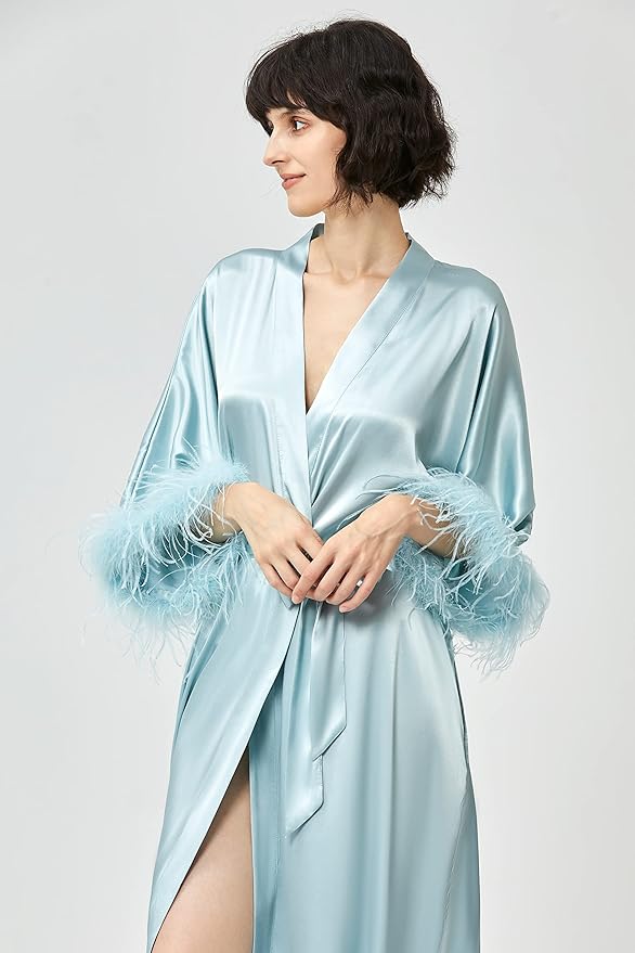 PRODESIGN Satin Kimono Robe Long Silky Bathrobe with Ostrich Feather Trim Sleepwear Wedding Bridesmaid Dressing Gown