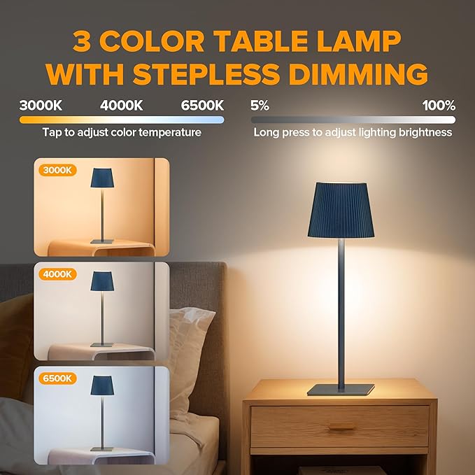LUTEC 4 Pack Cordless Table Lamp,6000mAh Rechargeable Battery Operated Desk Lamp,Two Adjustable Heights,Waterproof, Touch Control & 3 Color Stepless Dimming for Restaurant/Bedroom/Bars/Outdoor (Blue)