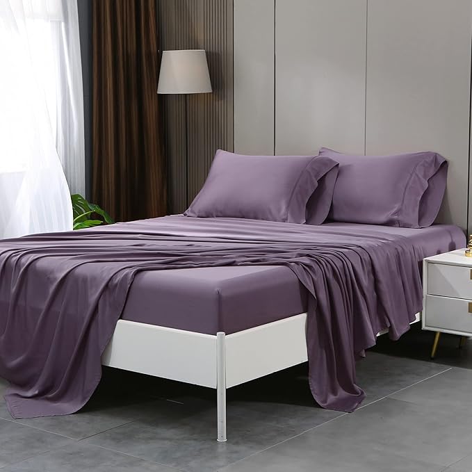 King Sheets, Rayon Derived from Bamboo, Cooling Bed Sheets Set,Deep Pocket Up to 16", 4 Pieces Silky Soft, Breathable Bedding Sheets & Pillowcases(Dusty Purple,King)