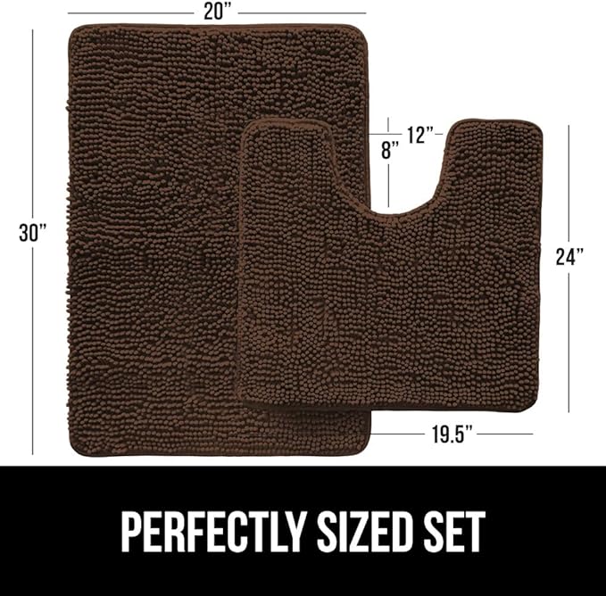 GORILLA GRIP Bathroom Rug Sets, Soft Chenille 2 Piece Area Rugs Set, Toilet Base Mat and 30x20 Carpet, Absorbent Microfiber Washable Mats Dry Quickly, Home Decor and Bath Room Accessories, Brown