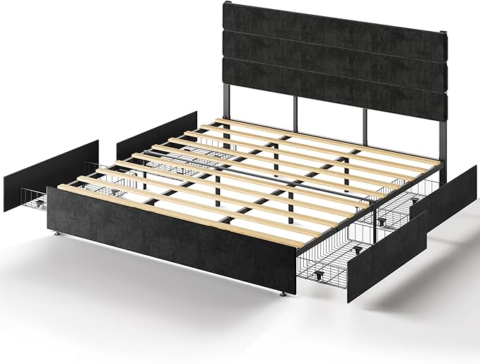 WLIVE King Size Upholstered Bed Frame with 4 Storage Drawers and Headboard, Velvet Platform Bedframe, Sturdy Metal & Wooden Slats Support, No Box Spring Needed, Easy Assembly, Black