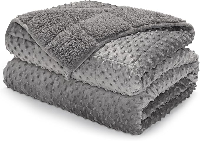 Minky Dot Weighted Blanket for Adults Queen Size 12 lbs, Warm Sherpa Snuggle Heavy Blanket for Autumn Winter with Glass Beads, Great for Stress Relief and Sleep Promotion, Grey 60 x 80 inches