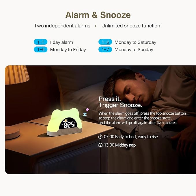 LED Alarm Clock, Little Bear Alarm Clock, Sleep Training Clock for Toddlers with 11 Colors Night Light for Bedroom, Sound Machine, Birthday Gift for Boys Girls