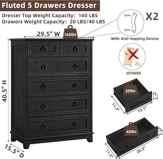 Farmhouse 6 Drawer Dresser for Bedroom, 41" Tall Small Dressers & Chest of Drawers, Rustic Wood Dresser with Metal Handle, Storage Organizer Closet for Living Room, Hallway, Entryway
