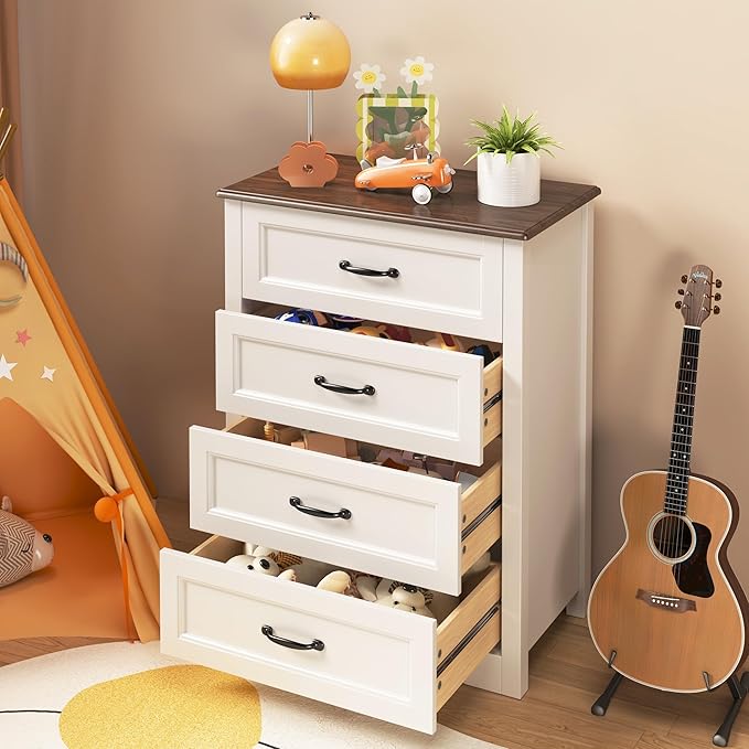 Gizoon Dresser for Bedroom with 4 Drawers Wooden Chest of Drawers for Closet Dresser Storage Unit Organizer for Hallway Living Room and Office, White and Rustic