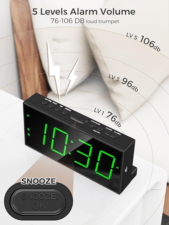 PPLEE Digital Alarm Clock for Bedroom, 2 Alarms Large Big Numbers Display with Dimmer for Living Room, Electric Bedside Desk Clock with Power Adapter, USB Charger, Adjustable Volume, Green LED Display