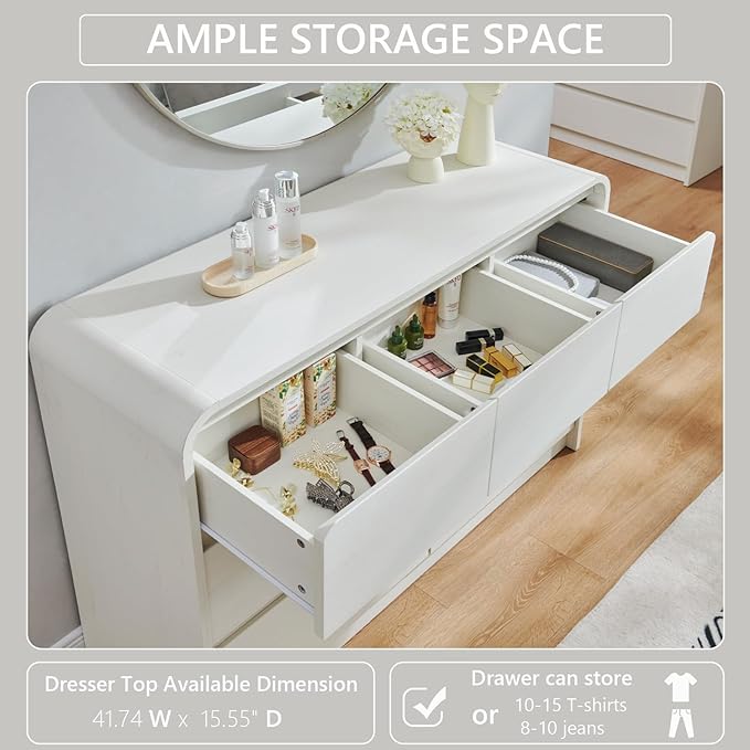 Modern 7 Drawers Dresser for Bedroom, 47" Wide Wood Dressers & Chests of Drawers w/Curved Profile Design, Mid Century Modern Dresser w/Natural Texture for Bedroom, Living Room,Antique White